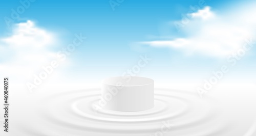White podium platform display standing in the middle of water ripple on milk paddle, with cloudy sky background.