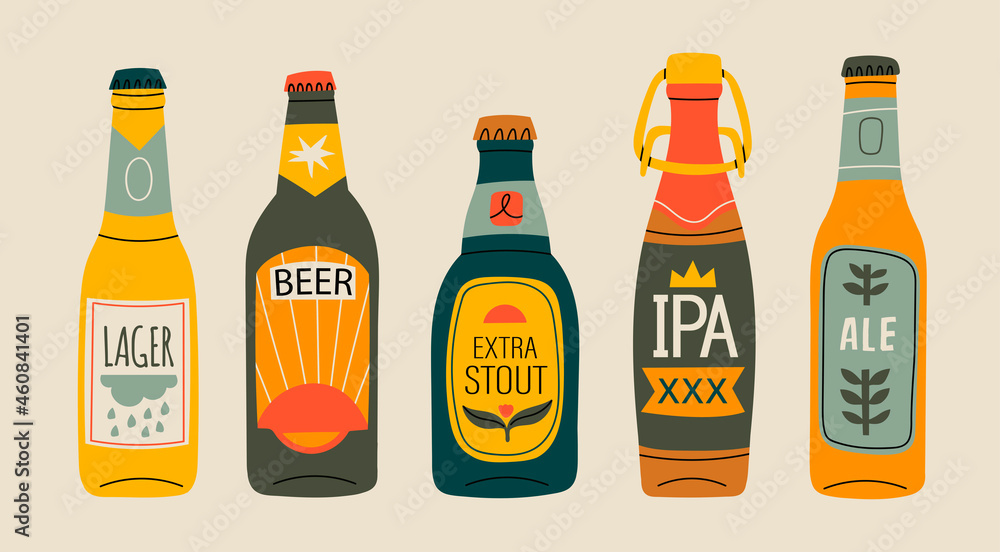 Various green, brown, yellow glass Beer bottles. Different beer types, labels. Hand drawn trendy Vector illustration. Every bottle is isolated. Brewery concept. Design elements for restaurant, pub - obrazy, fototapety, plakaty 