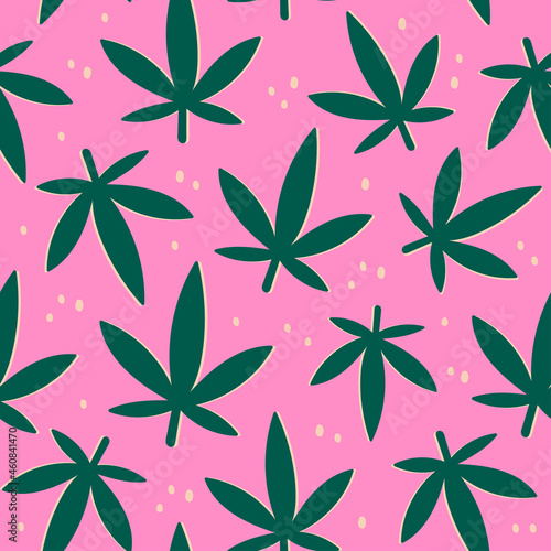 Abstract shapes of marijuana leaves. Colorful cannabis, weed. Green leaves, pink background. Hand drawn Vector seamless Pattern. Square Wallpaper, wrapping paper. Perfect for posters, textile prints