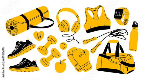 Various Sport equipment. Fitness inventory, gym accessories. Dumbbells, fitness tracker, headphones, bottle, jump rope, shoes, mat, boxing gloves. Healthy lifestyle concept. Hand drawn Vector set