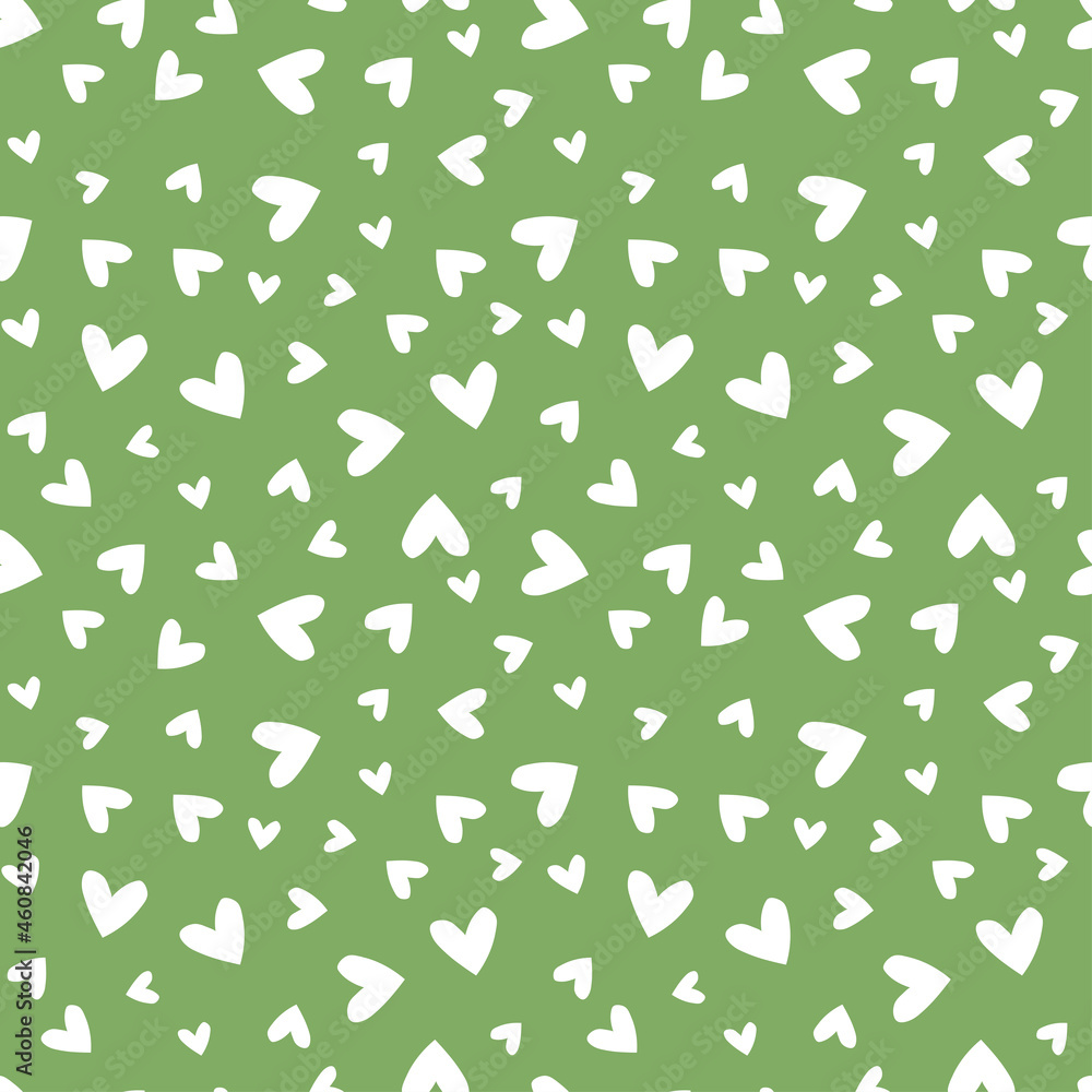 Light green seamless pattern with white hearts.