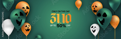 Happy Halloween banner with pumpkins and balloons 