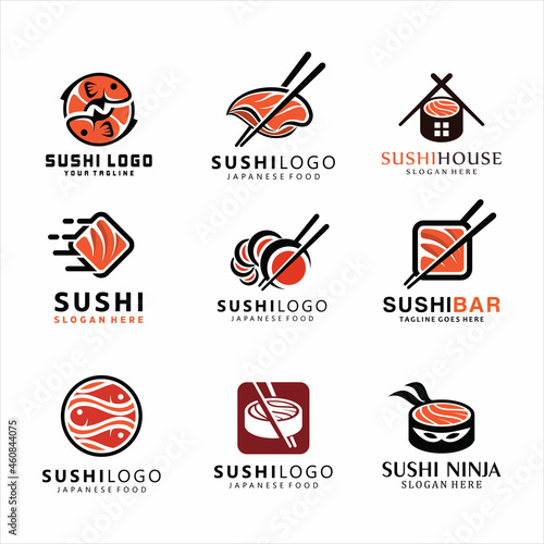 collection of vector logos sushi. Sushi vector logo set. Graphic symbol with fish cut into sushi and rolls