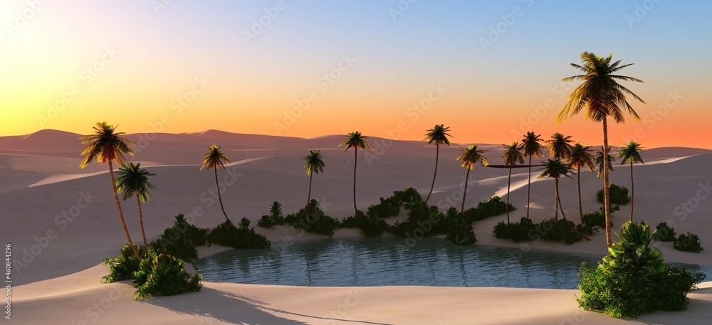 Obraz premium Oasis, desert at sunset, oasis in the sand desert, palm trees in the sand near the reservoir, 3D rendering