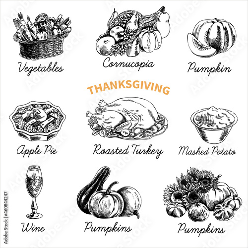 Vector hand-drawn sketch Thanksgiving food set. Sketch. Restaurant menu. Retro illustration.