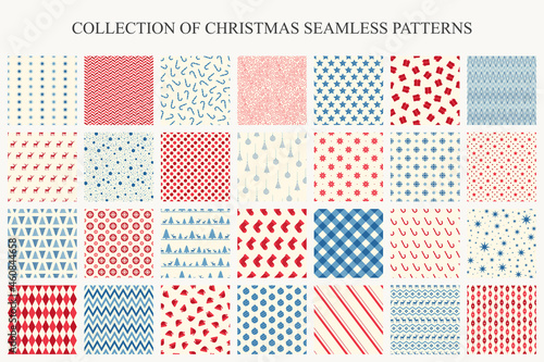 Collection of christmas seamless patterns. Holiday endless colorful backgrounds - vintage style. Beautiful celebration prints. Can be used as wrapping paper, textile covers, wallpaper, and etc