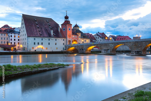 Night Stone Bridge and Old Town of Regensburg, Bavaria, Germany