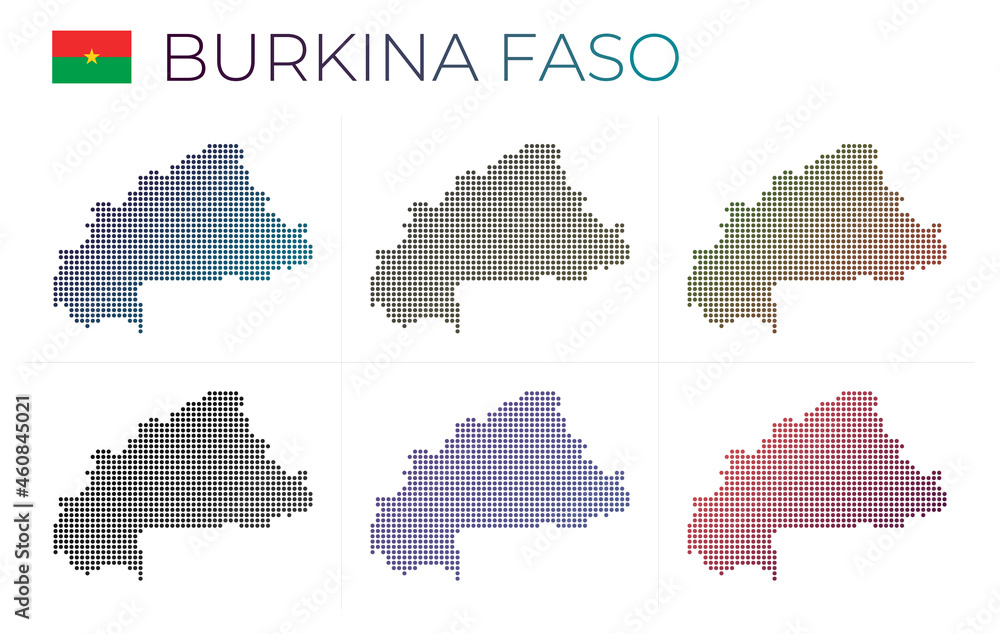 Burkina Faso dotted map set. Map of Burkina Faso in dotted style. Borders of the country filled with beautiful smooth gradient circles. Awesome vector illustration.