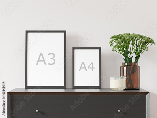 Two vertical empty A3 and A4 frames on white wall with black dresser, green plant in brown glass vase - close up image. 