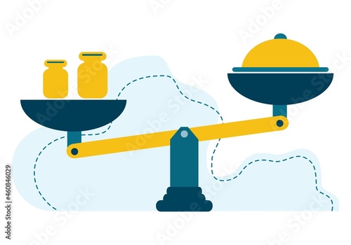 A scale weighs a portion of a cooked meal.  A concept for a restaurant business where you can weigh and measure a portion of food ordered by a customer. New ideas and technology. Flat illustration