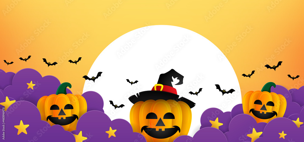 Happy Halloween banner and invitation background. Vector background Halloween theme with night clouds, pumpkins, bats in paper cut style. Vector illustration and there is a place for text