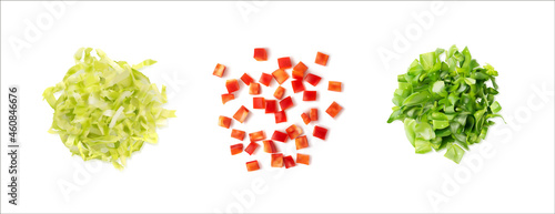Chopped paprika, greens and chinese cabbage. Red and green vegetables cuts isolated on white background top view. Realistic vector illustration