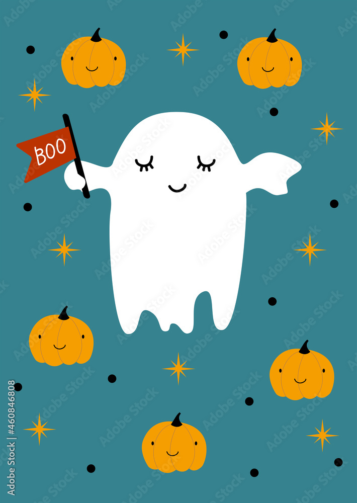 Card for Halloween Kids. Character Ghost flying with Pumpkin, dots, stars on blue background in cute Halloween theme. Vector flat style illustration. Decoration for Party.