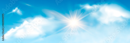 Set of transparent different clouds with sun. Spring, summer isolated on blue background. Real transparency effect. © kume111000