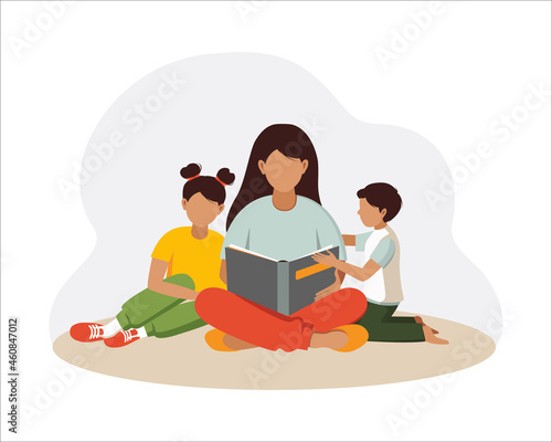  World book day concept. Mothers day concept. Woman, mother reads a book to children. Vector illustration in flat style