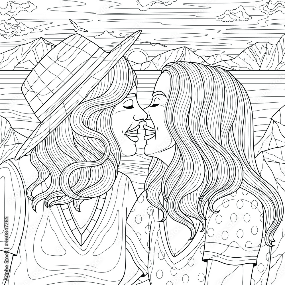 Loving lesbian couple on a date by the sea and mountains.Coloring book ...