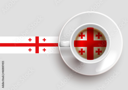 Georgia flag with a tasty coffee cup on top view and a gradient background. Hot beverage with Georgia flag, vector illustration.