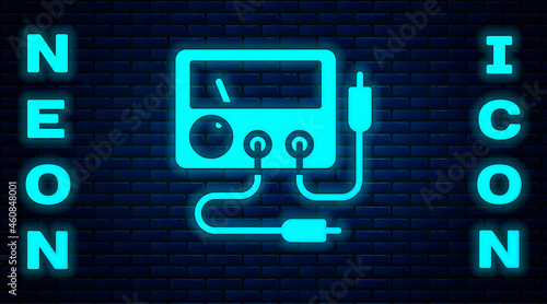 Glowing neon Ampere meter, multimeter, voltmeter icon isolated on brick wall background. Instruments for measurement of electric current. Vector