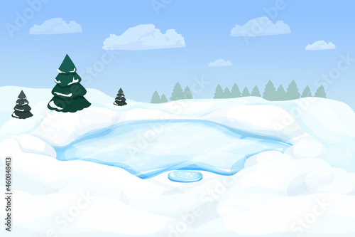 Winter landscape with frozen lake, river in forest with snow and pine trees in cartoon style. Snowy scene. Wintertime, wild and wild nature. Vector illustration