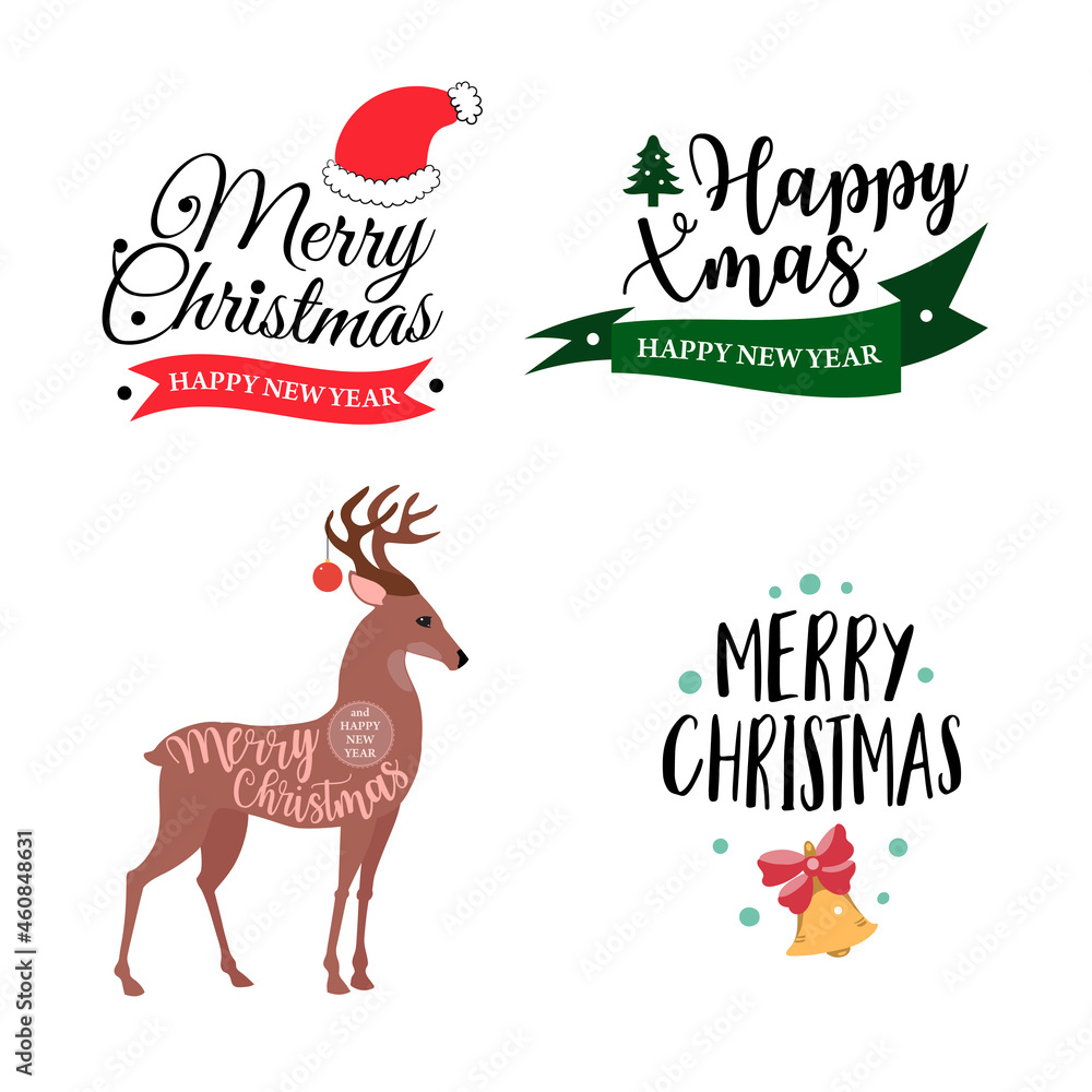 Set of four Christmas logotype or insignia. Cute cartoon Christmas tree. Vector