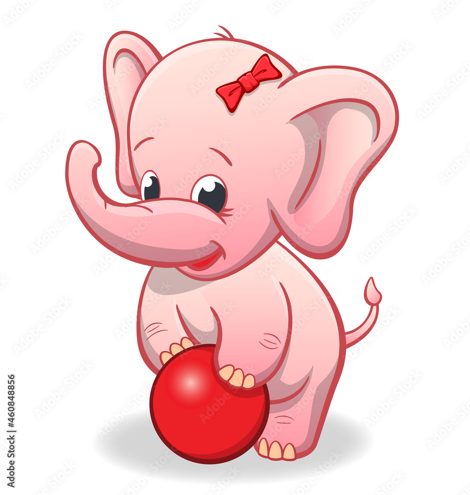 Fototapeta premium infant baby pink elephant playing with red ball