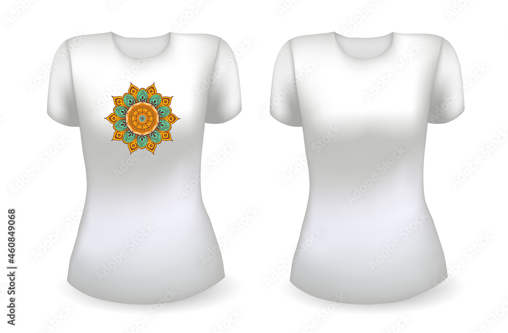 Blank white female t shirt realistic template and white t shirt with mandala. Vector Blank white female t shirt realistic template and white t shirt with mandala. Vector