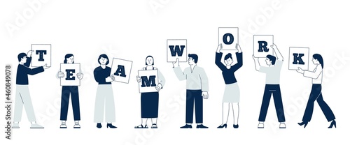 Teamwork together. Team art project, people collaborate. Business start up work team, workers communications. Office staff recent vector characters