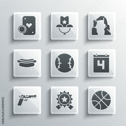 Set Medal with star, Basketball ball, Calendar date July 4, Baseball, Pistol or gun, Hotdog sandwich, Casino chip playing cards and Grand canyon icon. Vector