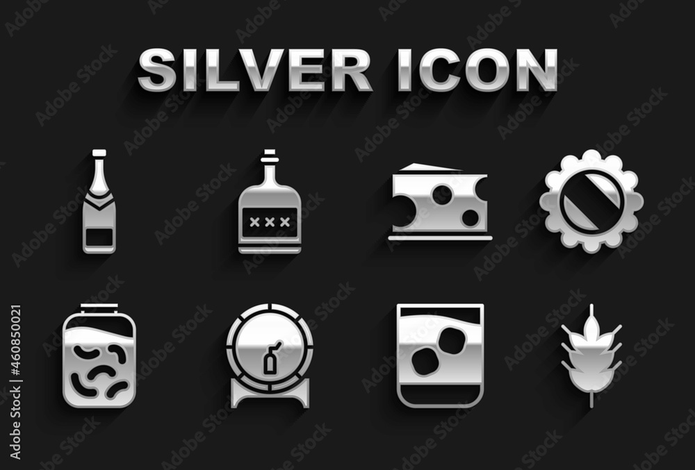 Set Wooden barrel on rack, Bottle cap, Hop, Glass of whiskey, Pickled cucumbers in jar, Cheese, Champagne bottle and Alcohol drink Rum icon. Vector Set Wooden barrel on rack, Bottle cap, Hop, Glass of whiskey, Pickled cucumbers in jar, Cheese, Champagne bottle and Alcohol drink Rum icon. Vector