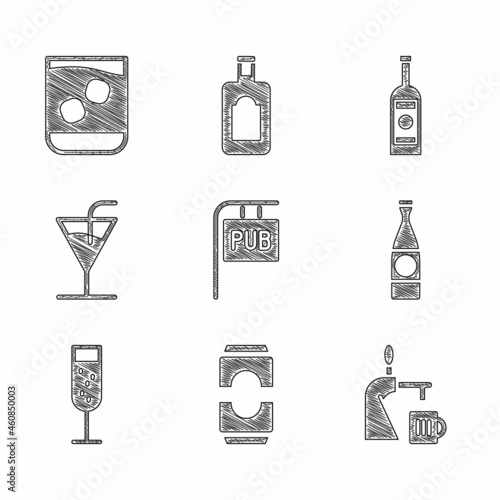 Set Street signboard with Pub, Beer can, tap glass, bottle, Glass of champagne, Cocktail, vodka and whiskey icon. Vector
