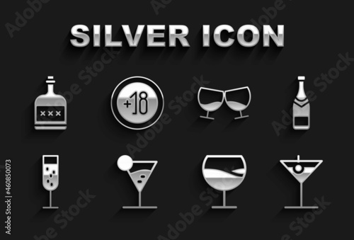 Set Martini glass, Champagne bottle, Wine, Glass of champagne, cognac or brandy, Alcohol drink Rum and 18 plus icon. Vector