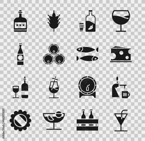 Set Cocktail, Beer tap with glass, Cheese, Vodka pepper and, Wooden barrels, bottle, Alcohol drink Rum and Dried fish icon. Vector