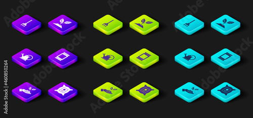 Set Plant in hand of environmental, Pack full seeds plant, Watering can, Fertilizer bag, and Garden rake icon. Vector