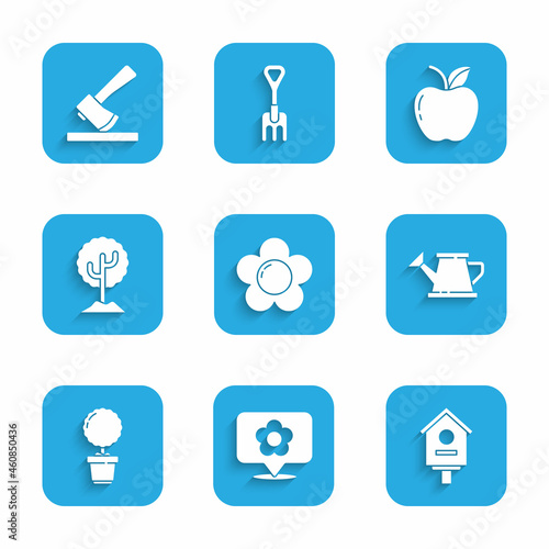 Set Flower, Location with flower, Bird house, Watering can, pot, Tree, Apple and Wooden axe icon. Vector