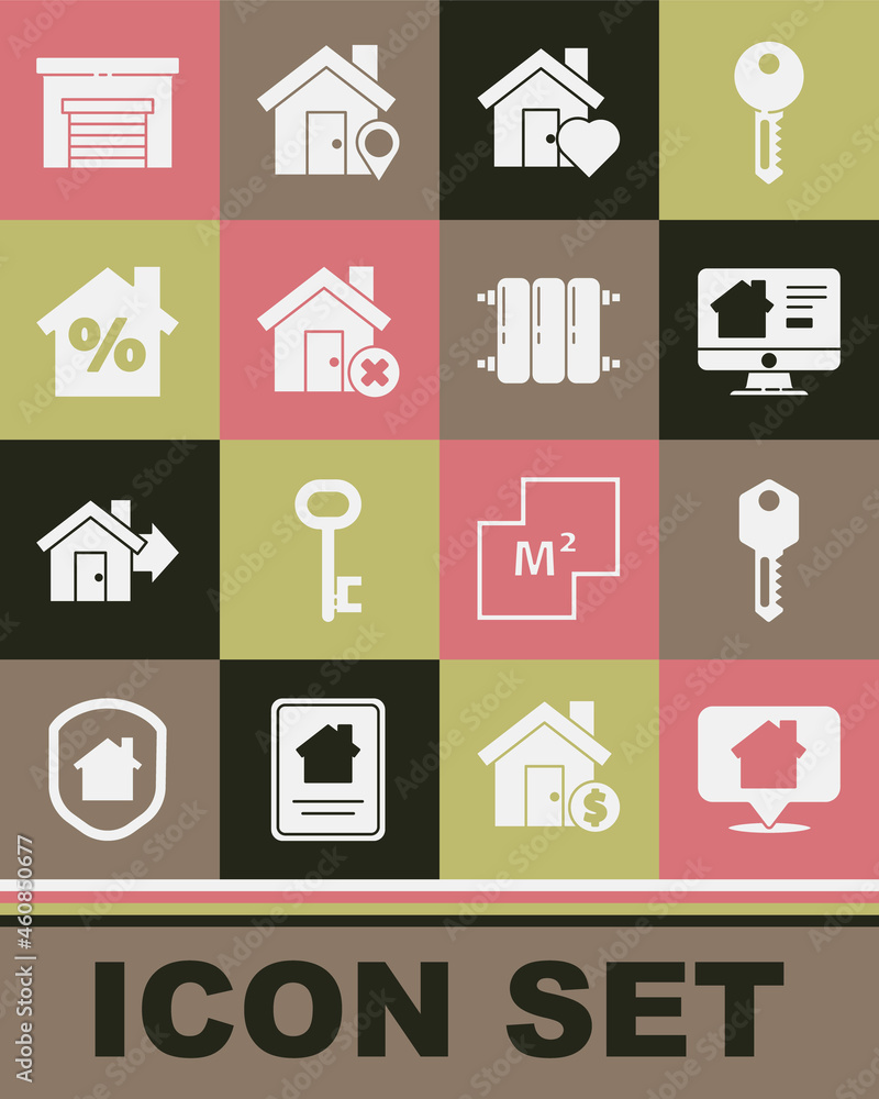 Set Location with house, House key, Online real estate, heart shape, wrong mark, percant discount, Garage and Heating radiator icon. Vector Set Location with house, House key, Online real estate, heart shape, wrong mark, percant discount, Garage and Heating radiator icon. Vector