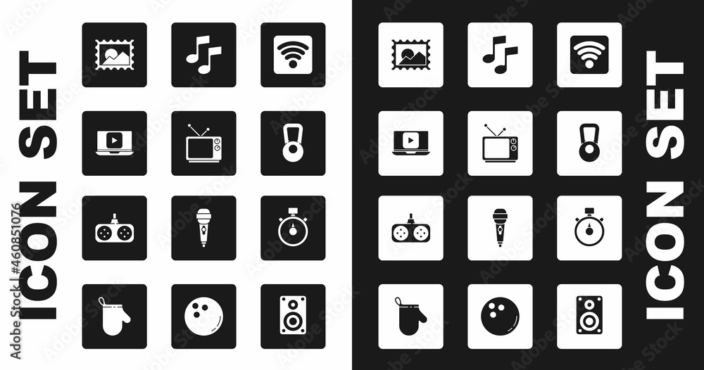 Set Wi-Fi wireless internet network, Retro tv, Online play video, Postal stamp, Kettlebell, Music note, tone, Stopwatch and Gamepad icon. Vector Set Wi-Fi wireless internet network, Retro tv, Online play video, Postal stamp, Kettlebell, Music note, tone, Stopwatch and Gamepad icon. Vector
