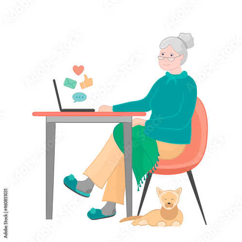 grandmother at laptop work or chatting or work onlene.