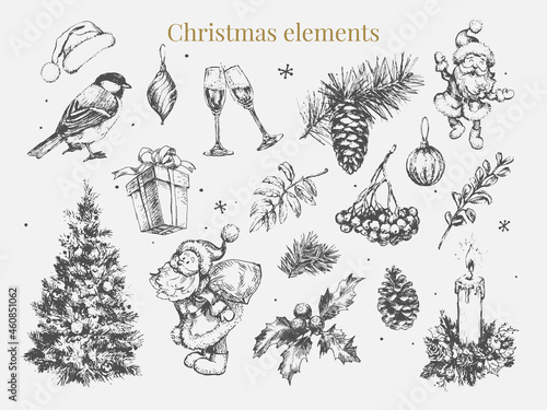 New year and christmas set sketch illustration