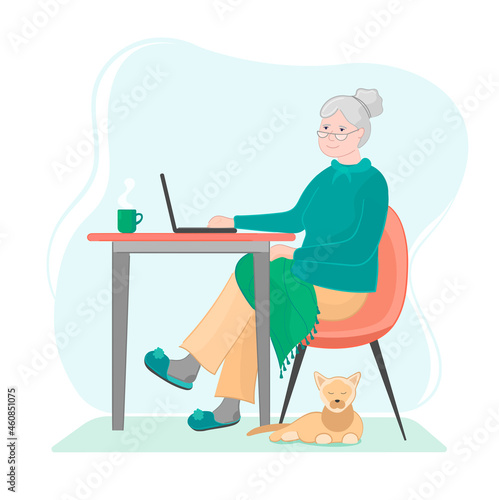 grandmother at laptop work or chatting or work onlene.