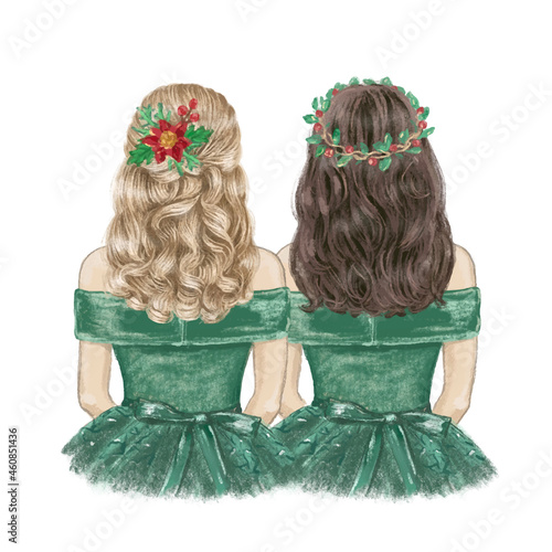 Two girls best friends ready for Christmas, hand drawn illustration