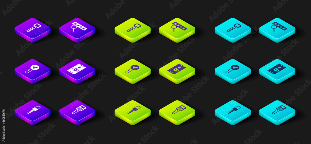 Set Locked key, Car with remote, Key, Eye scan, Password protection and icon. Vector Set Locked key, Car with remote, Key, Eye scan, Password protection and icon. Vector