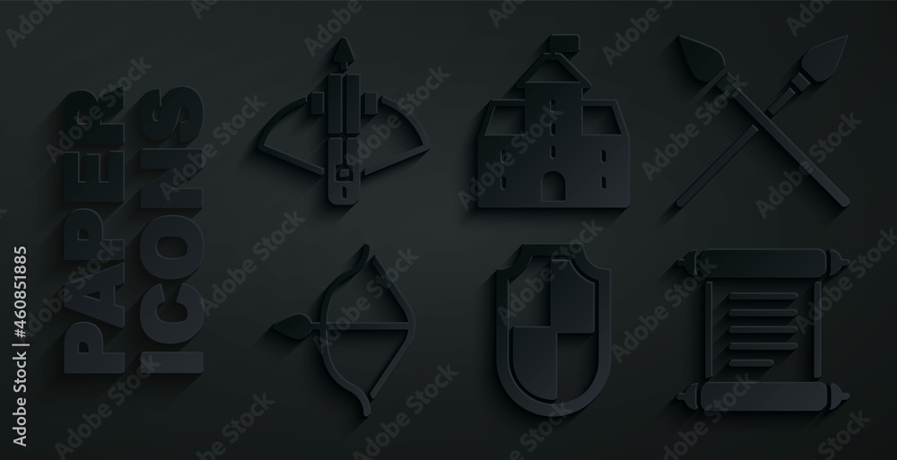 Set Shield, Crossed medieval spears, Medieval bow and arrow, Decree, parchment, scroll, Castle, fortress and Battle crossbow with icon. Vector
