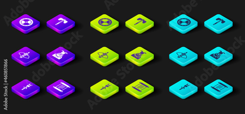 Set Torch flame, Decree, parchment, scroll, Battle crossbow with arrow, Joker head, Medieval axe and Round wooden shield icon. Vector