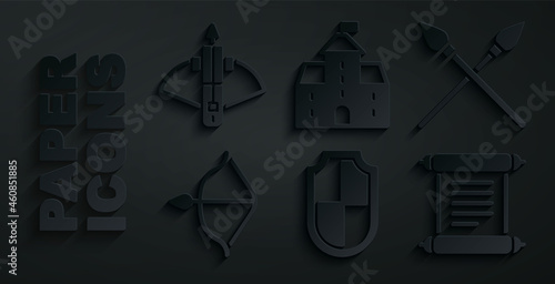 Set Shield, Crossed medieval spears, Medieval bow and arrow, Decree, parchment, scroll, Castle, fortress and Battle crossbow with icon. Vector