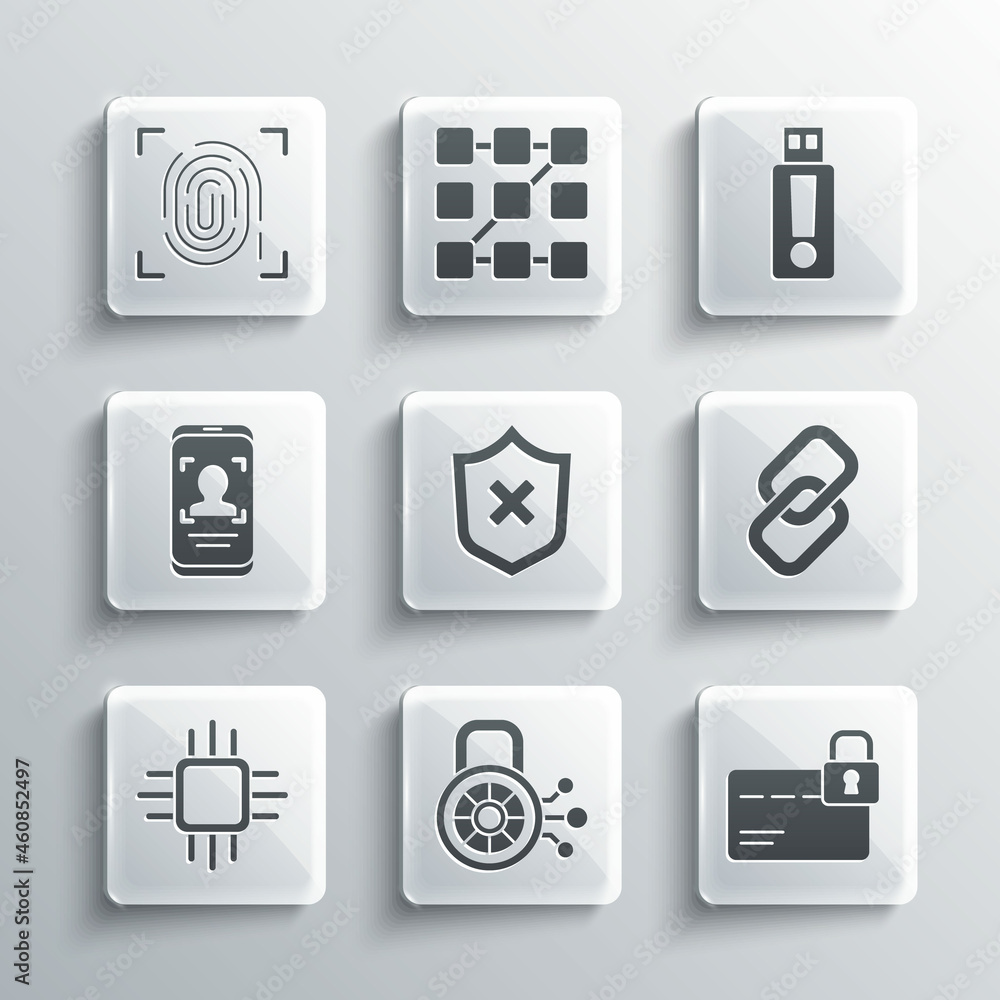 Set Cyber security, Credit card with lock, Chain link, Shield cross mark, Processor microcircuits CPU, Mobile and face recognition, Fingerprint and USB flash drive icon. Vector