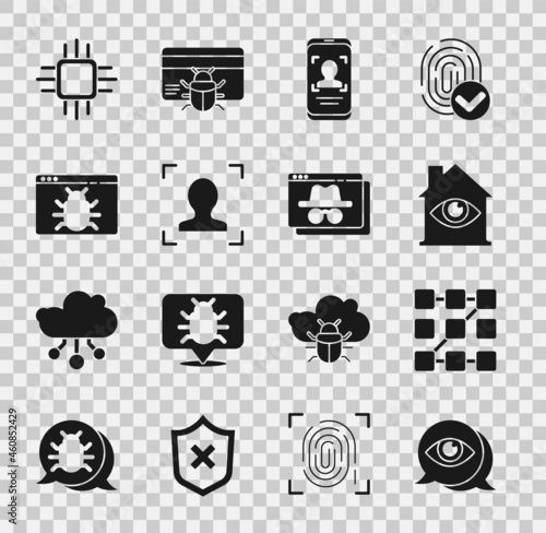 Set Eye scan, Graphic password protection, House with eye, Mobile and face recognition, Face, System bug, Processor microcircuits CPU and Browser incognito window icon. Vector