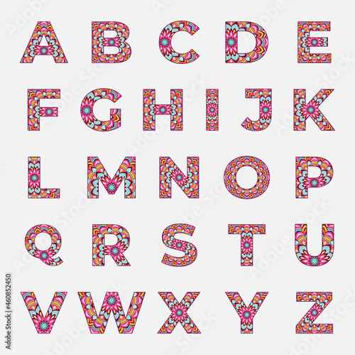 colorful alphabet with mandala design, a to z alphabet collection