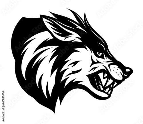 Vector illustration of black and white wolf head side view.