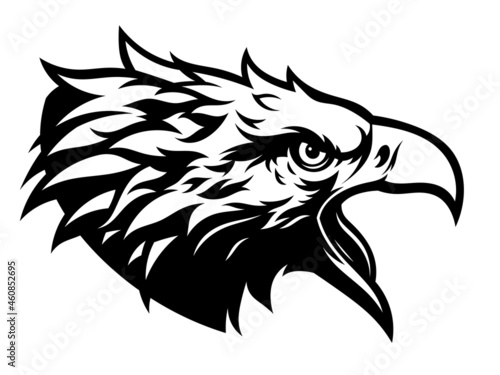 Vector illustration of black and white eagle head side view.