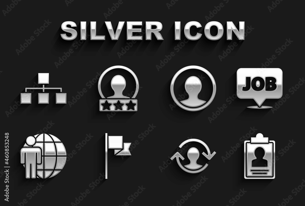 Set Location marker, Speech bubble with job, Clipboard resume, Human resources, Head hunting, Create account screen, Hierarchy organogram chart and icon. Vector Set Location marker, Speech bubble with job, Clipboard resume, Human resources, Head hunting, Create account screen, Hierarchy organogram chart and icon. Vector